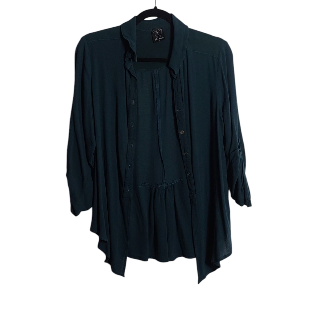 ELLA MOSS Green Button Up Blouse w/ Button Up Sleeves Size Medium